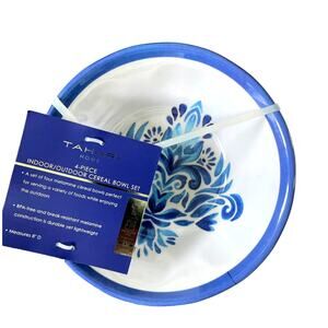 4 pc TAHARI MELAMINE 8" CEREAL SOUP BOWL SET BLUE WHITE DAMASK PRINT NEW